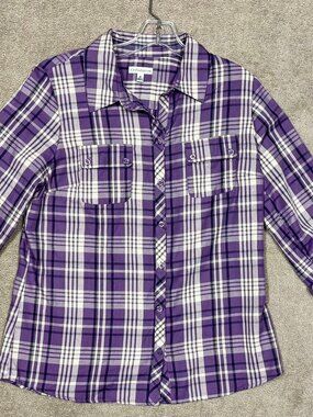 Women's Croft & Barrow Purple Plaid Shirt Long Sleeves Button Up Front Sz M